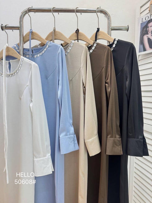 Crystal Decor Long Sleeves Long Satin Dress